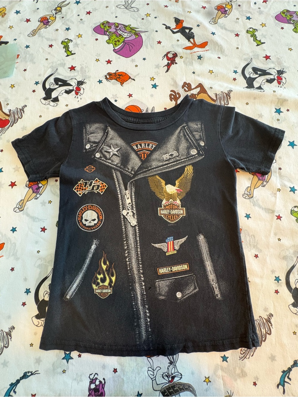 Harley-Davidson Black Graphic Tee with Faux Jacket and Patches